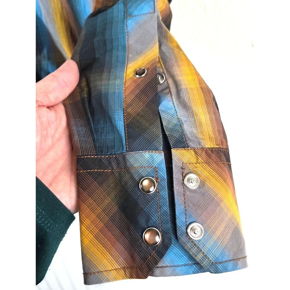 Banana Republic Pearl Snap Western Plaid Shirt Men’s Small Blue Yellow Long